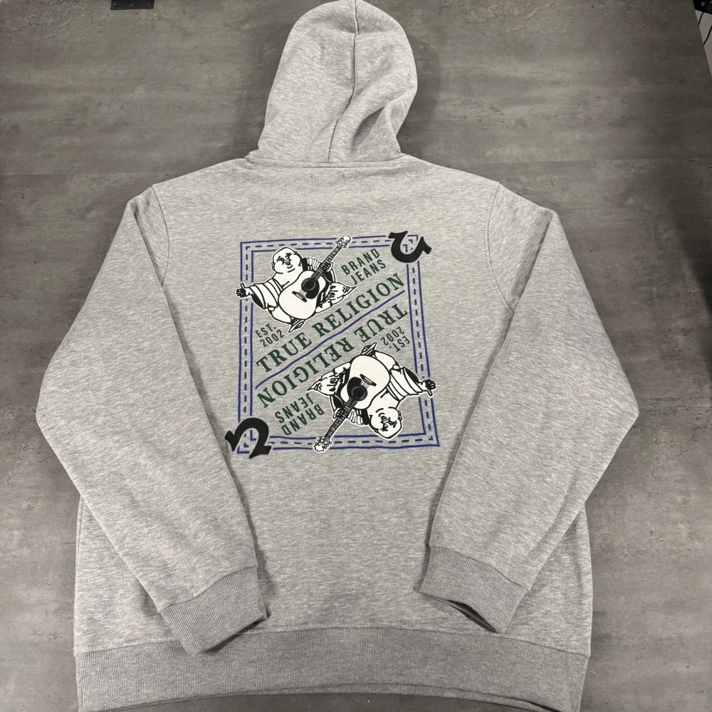 True Religion Hoodie Mens 2XL XXL Gray Blue Green Buddha Guitar Graphic Pullover